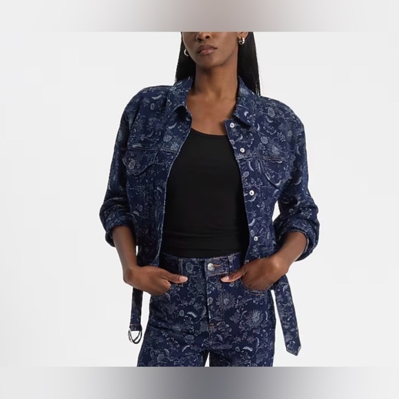 Express Floral Denim Moto Cropped Jacket Large NWT - Picture 6 of 7